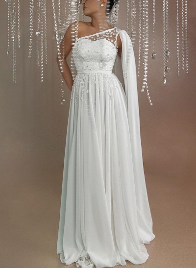 A-Line One-Shoulder Sleeveless Chiffon Prom Dresses With Appliques Lace