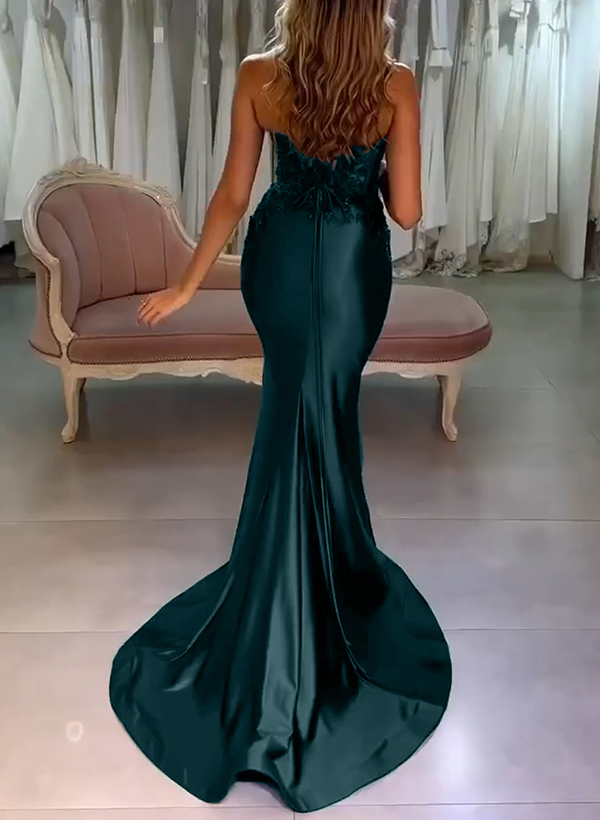 Trumpet/Mermaid V-Neck Silk Like Satin Prom Dresses With High Split