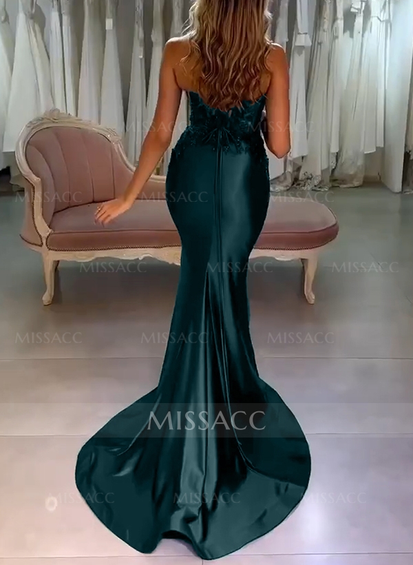 Trumpet/Mermaid V-Neck Silk Like Satin Prom Dresses With High Split