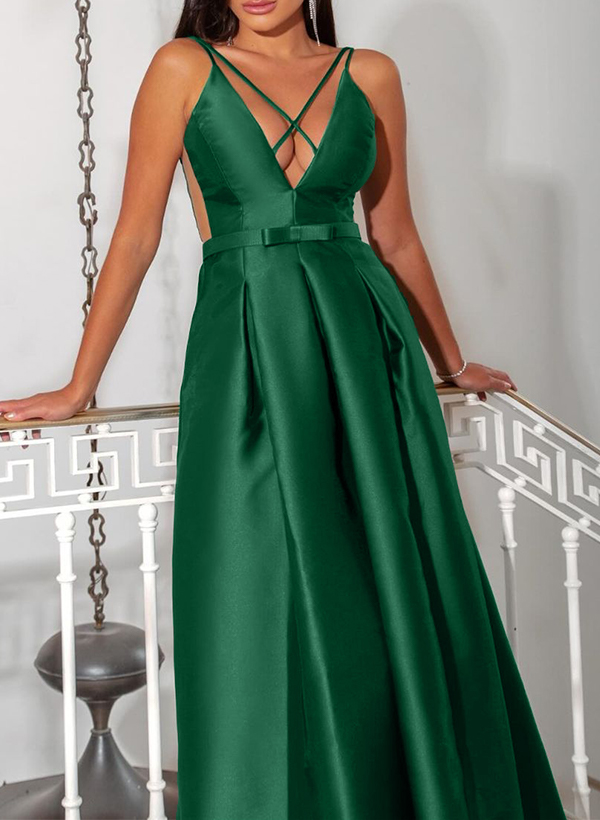 A-Line V-Neck Sleeveless Sweep Train Satin Prom Dresses With Bow(s)