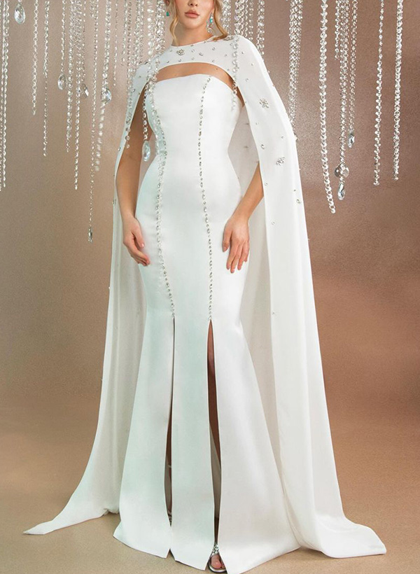 Sheath/Column Strapless Sleeveless Satin Prom Dresses With High Split