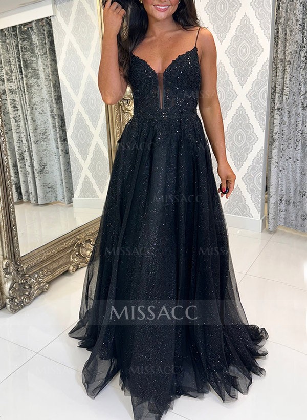 A-Line V-Neck Sleeveless Sweep Train Tulle Prom Dresses With High Split