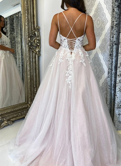 A-Line V-Neck Sleeveless Sweep Train Tulle Prom Dresses With Appliques Lace
