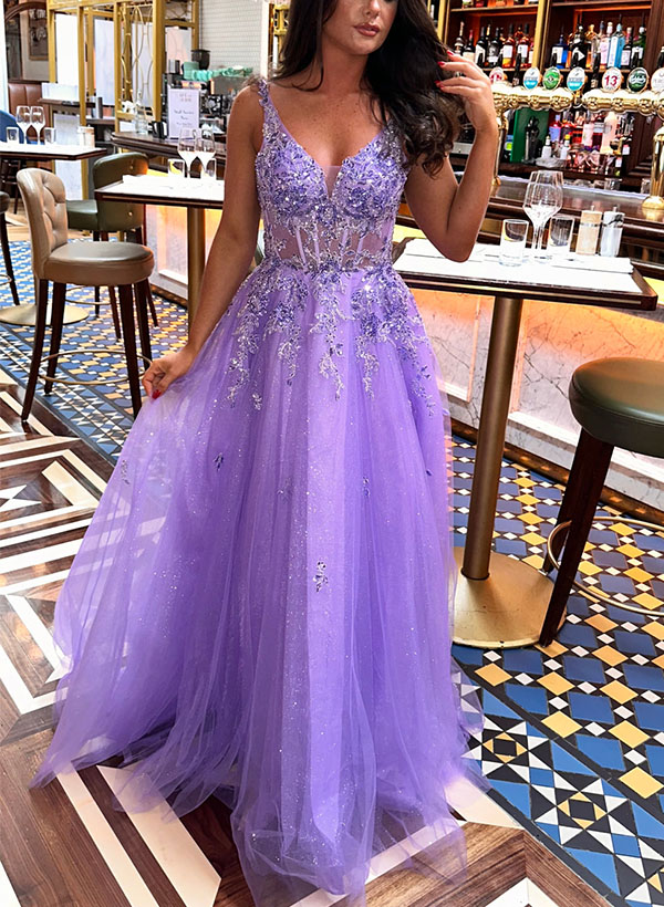 A-Line V-Neck Sleeveless Tulle Prom Dresses With Appliques Lace