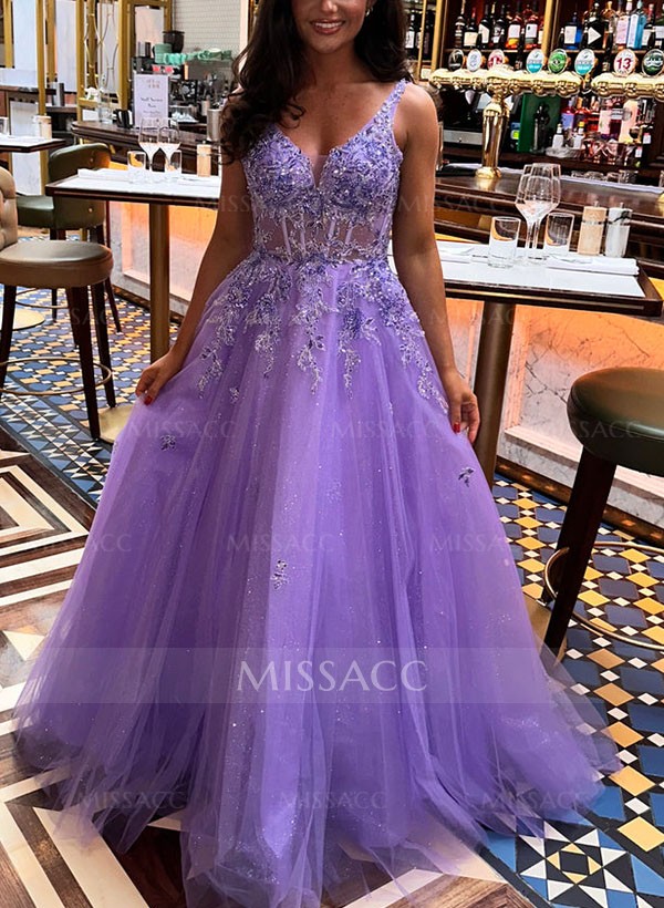 A-Line V-Neck Sleeveless Tulle Prom Dresses With Appliques Lace