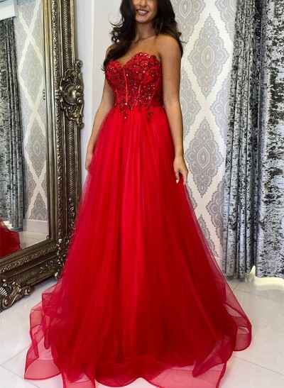 A-Line Sweetheart Sleeveless Tulle/Sequined Prom Dresses With Appliques Lace