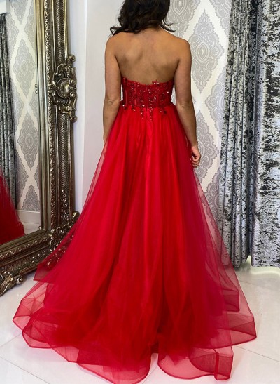 A-Line Sweetheart Sleeveless Tulle/Sequined Prom Dresses With Appliques Lace