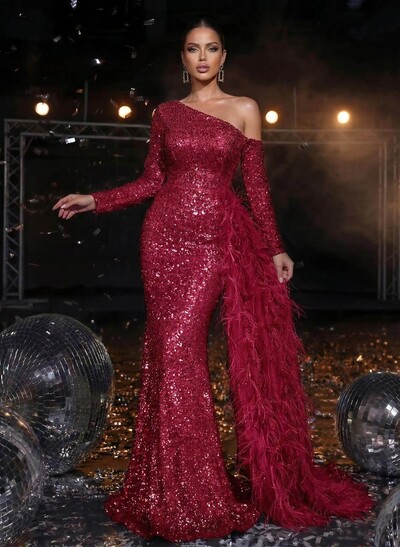 Trumpet/Mermaid Long Sleeves Sweep Train Sequined Prom Dresses