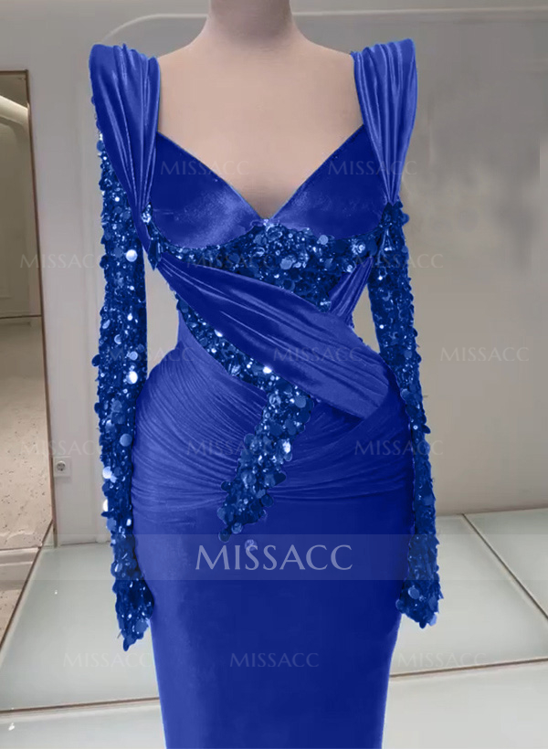 Trumpet/Mermaid V-Neck Long Sleeves Silk Like Satin/Sequined Prom Dresses