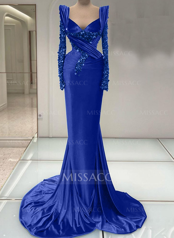 Trumpet/Mermaid V-Neck Long Sleeves Silk Like Satin/Sequined Prom Dresses