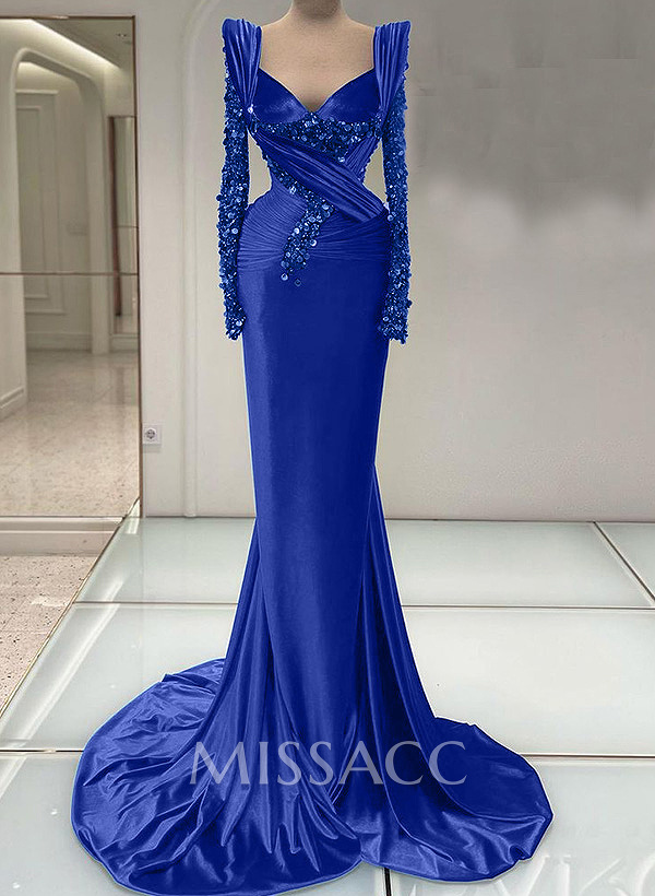 Trumpet/Mermaid V-Neck Long Sleeves Silk Like Satin/Sequined Prom Dresses