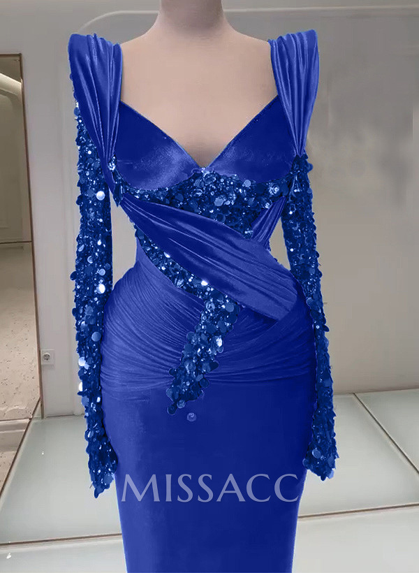 Trumpet/Mermaid V-Neck Long Sleeves Silk Like Satin/Sequined Prom Dresses