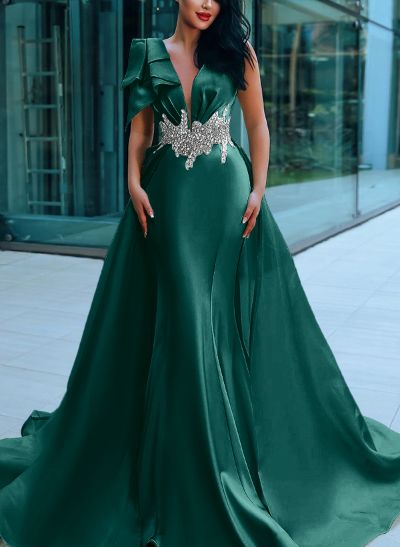 Sheath/Column V-Neck Sleeveless Sweep Train Satin Prom Dresses With Sequins