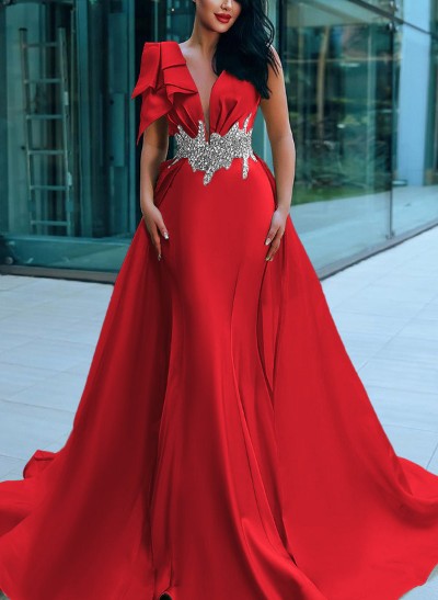 Sheath/Column V-Neck Sleeveless Sweep Train Satin Prom Dresses With Sequins