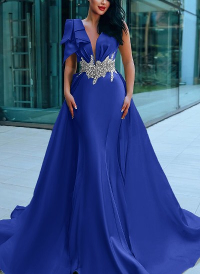 Sheath/Column V-Neck Sleeveless Sweep Train Satin Prom Dresses With Sequins