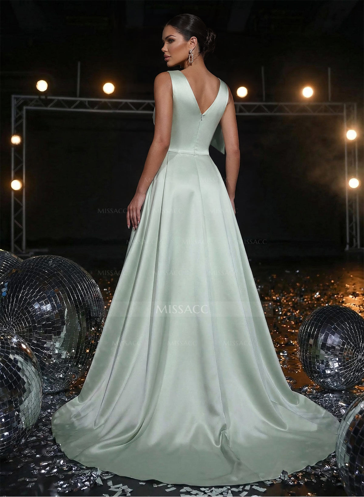 Sheath/Column V-Neck Sleeveless Sweep Train Satin Prom Dresses With Sequins