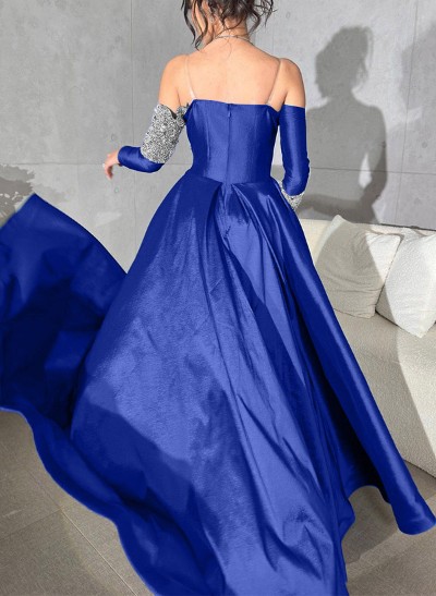 A-Line Off-The-Shoulder Long Sleeves Satin Prom Dresses With Split Front