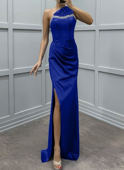 Sheath/Column One-Shoulder Charmeuse Prom Dresses With High Split