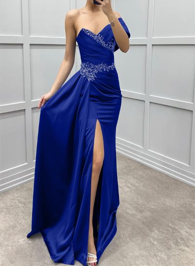 Sheath/Column Off-The-Shoulder Charmeuse Prom Dresses With High Split