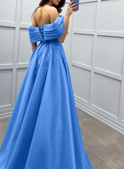 A-Line Off-The-Shoulder Sleeveless Sweep Train Satin Prom Dresses