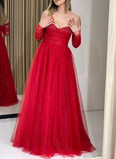 A-Line Sweetheart Detachable Sleeves Floor-Length Tulle Prom Dresses