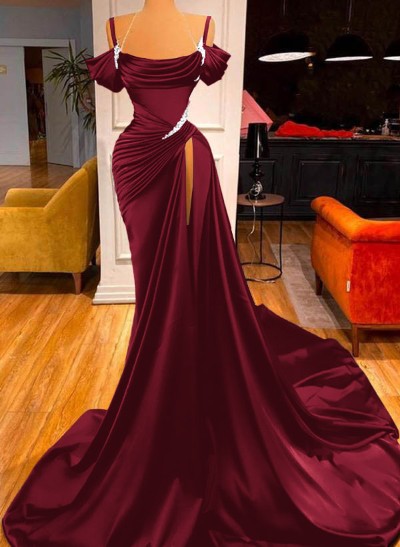 Trumpet/Mermaid Cowl Neck Satin Prom Dresses With Split Front/Beading