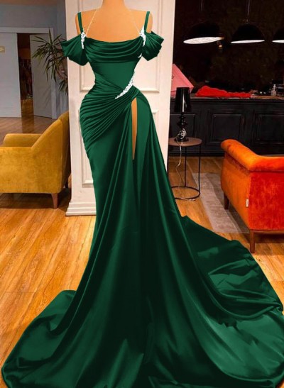 Trumpet/Mermaid Cowl Neck Satin Prom Dresses With Split Front/Beading