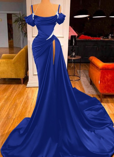 Trumpet/Mermaid Cowl Neck Satin Prom Dresses With Split Front/Beading