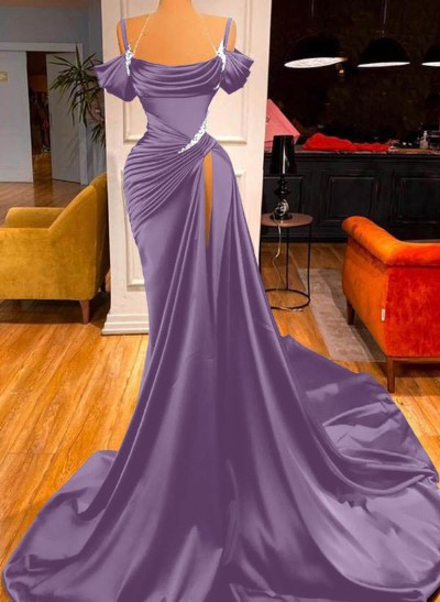 Trumpet/Mermaid Cowl Neck Satin Prom Dresses With Split Front/Beading