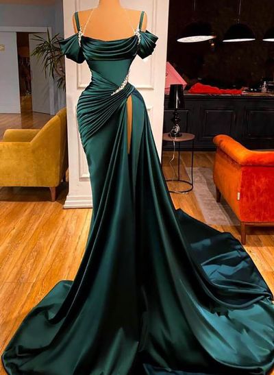 Trumpet/Mermaid Cowl Neck Charmeuse Prom Dresses With Split Front/Beading