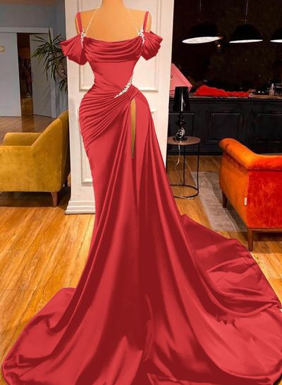 Trumpet/Mermaid Cowl Neck Charmeuse Prom Dresses With Split Front/Beading