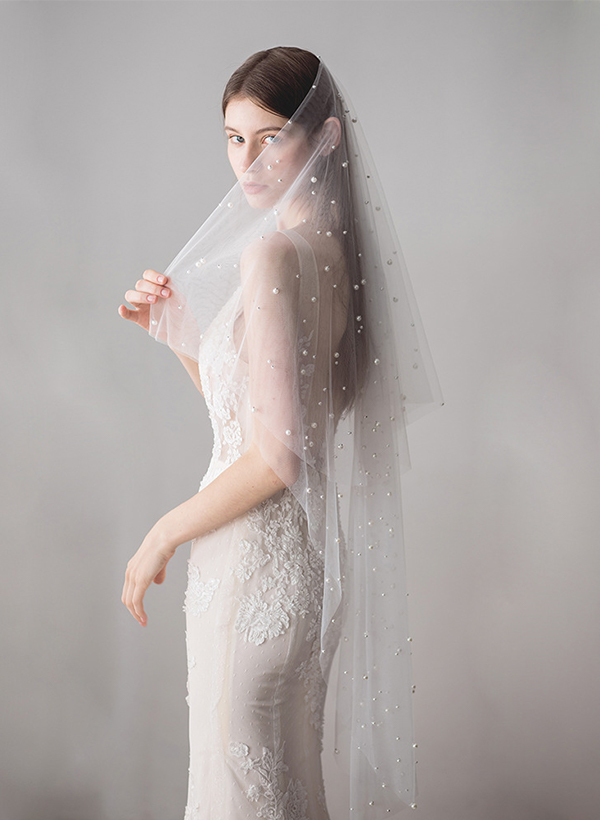 Cut Edge Two-Tier Fingertip Bridal Veils With Pearl