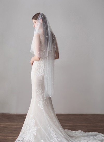 Cut Edge Two-Tier Fingertip Bridal Veils With Pearl