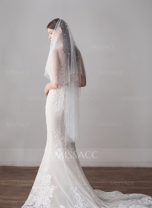 Cut Edge Two-Tier Fingertip Bridal Veils With Pearl