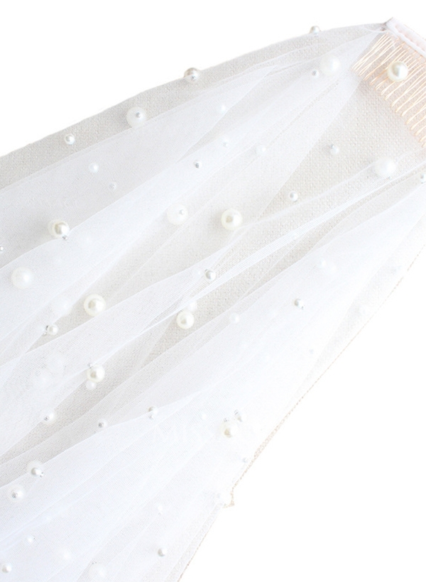 Cut Edge Two-Tier Fingertip Bridal Veils With Pearl