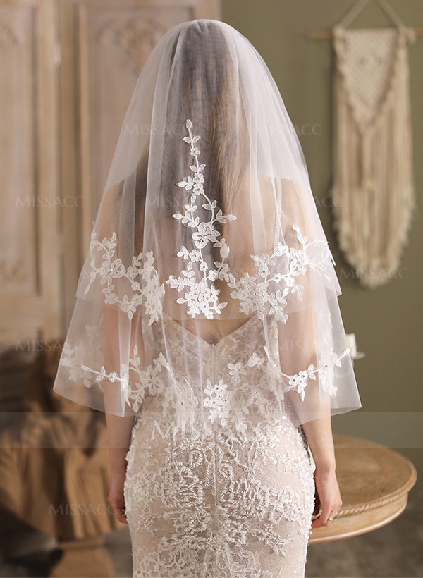 Lace Applique Edge Two-Tier Elbow Bridal Veils