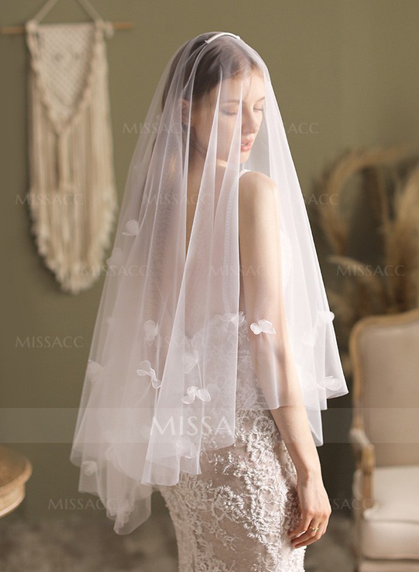 Cut Edge Two-Tier Fingertip Bridal Veils With Floral