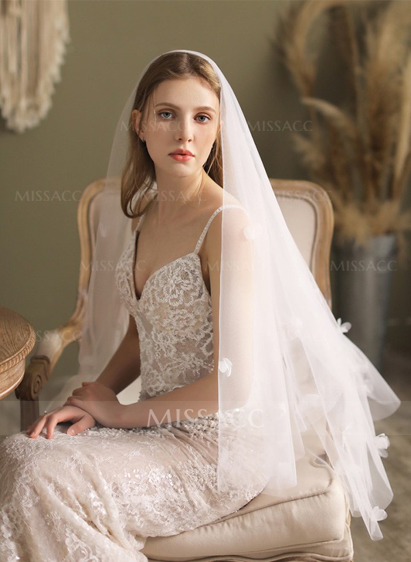 Cut Edge Two-Tier Fingertip Bridal Veils With Floral