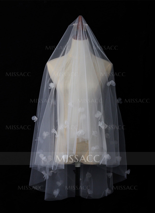 Cut Edge Two-Tier Fingertip Bridal Veils With Floral