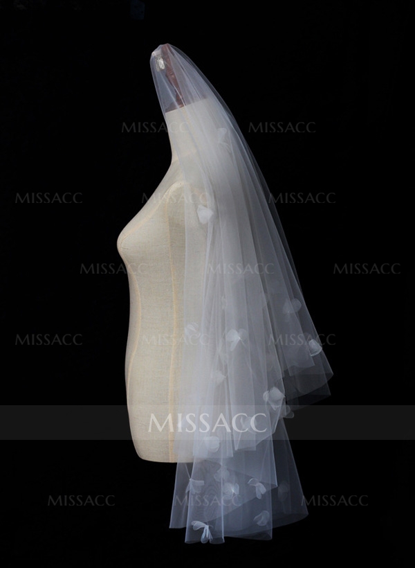 Cut Edge Two-Tier Fingertip Bridal Veils With Floral