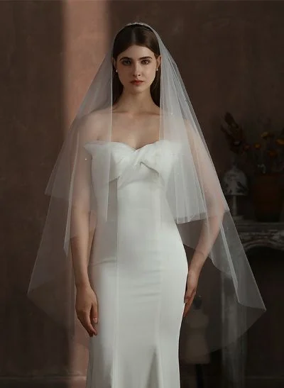 Cut Edge Two-Tier Fingertip Bridal Veils With Rhinestones