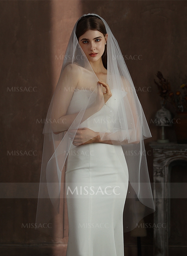 Cut Edge Two-Tier Fingertip Bridal Veils With Rhinestones