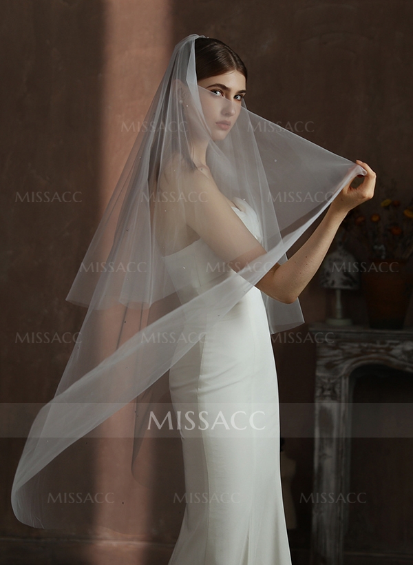 Cut Edge Two-Tier Fingertip Bridal Veils With Rhinestones