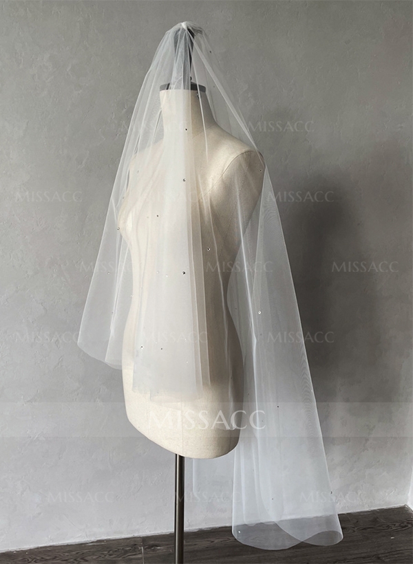 Cut Edge Two-Tier Fingertip Bridal Veils With Rhinestones