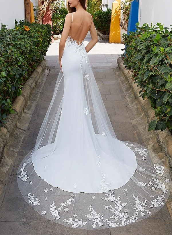 Missacc Ivory Bride Trumpet/Mermaid Square Neckline Lace/Elastic Satin Wedding Dresses