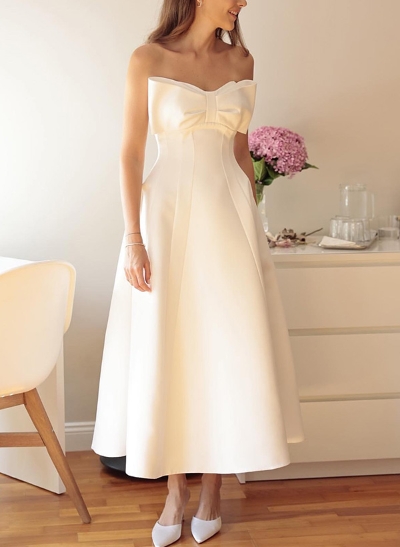 A-Line Strapless Sleeveless Ankle-Length Satin Wedding Dresses With Bow(s)