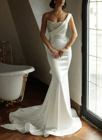 Trumpet/Mermaid One-Shoulder Sleeveless Satin Wedding Dresses