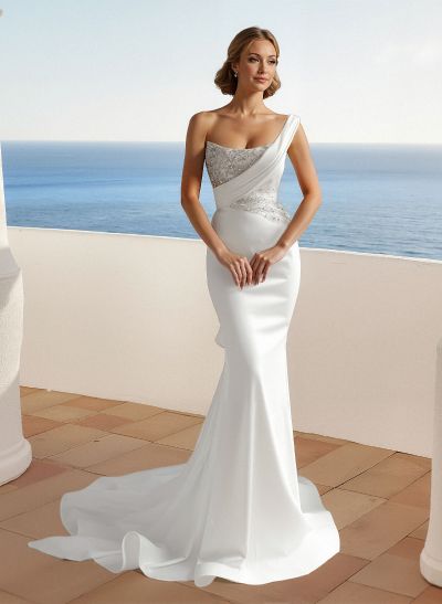 Trumpet/Mermaid One-Shoulder Sleeveless Satin Wedding Dresses