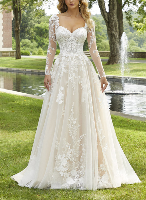 A-Line Sweetheart Long Sleeves Sweep Train Lace/Tulle Wedding Dresses