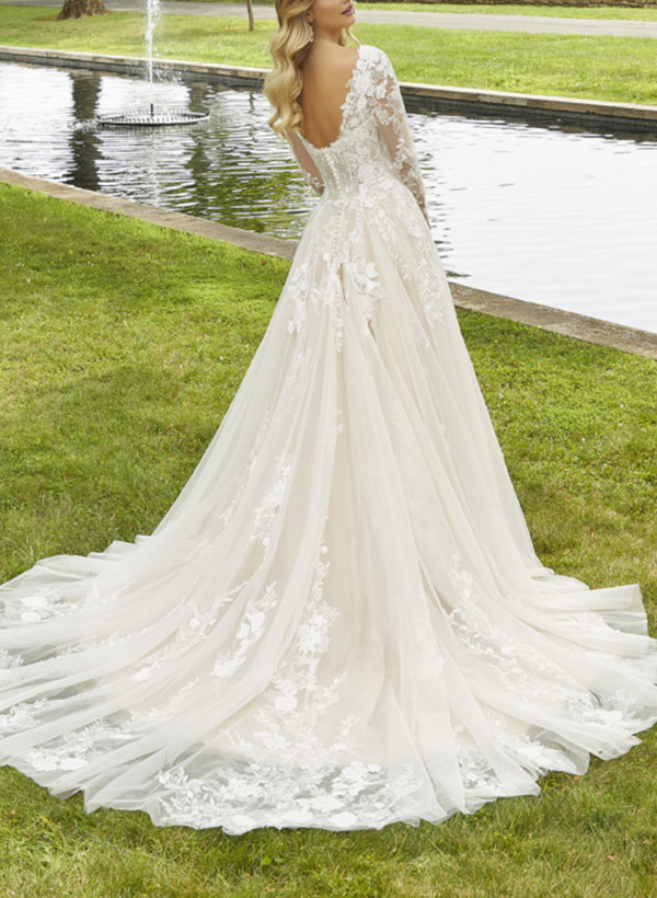 A-Line Sweetheart Long Sleeves Sweep Train Lace/Tulle Wedding Dresses